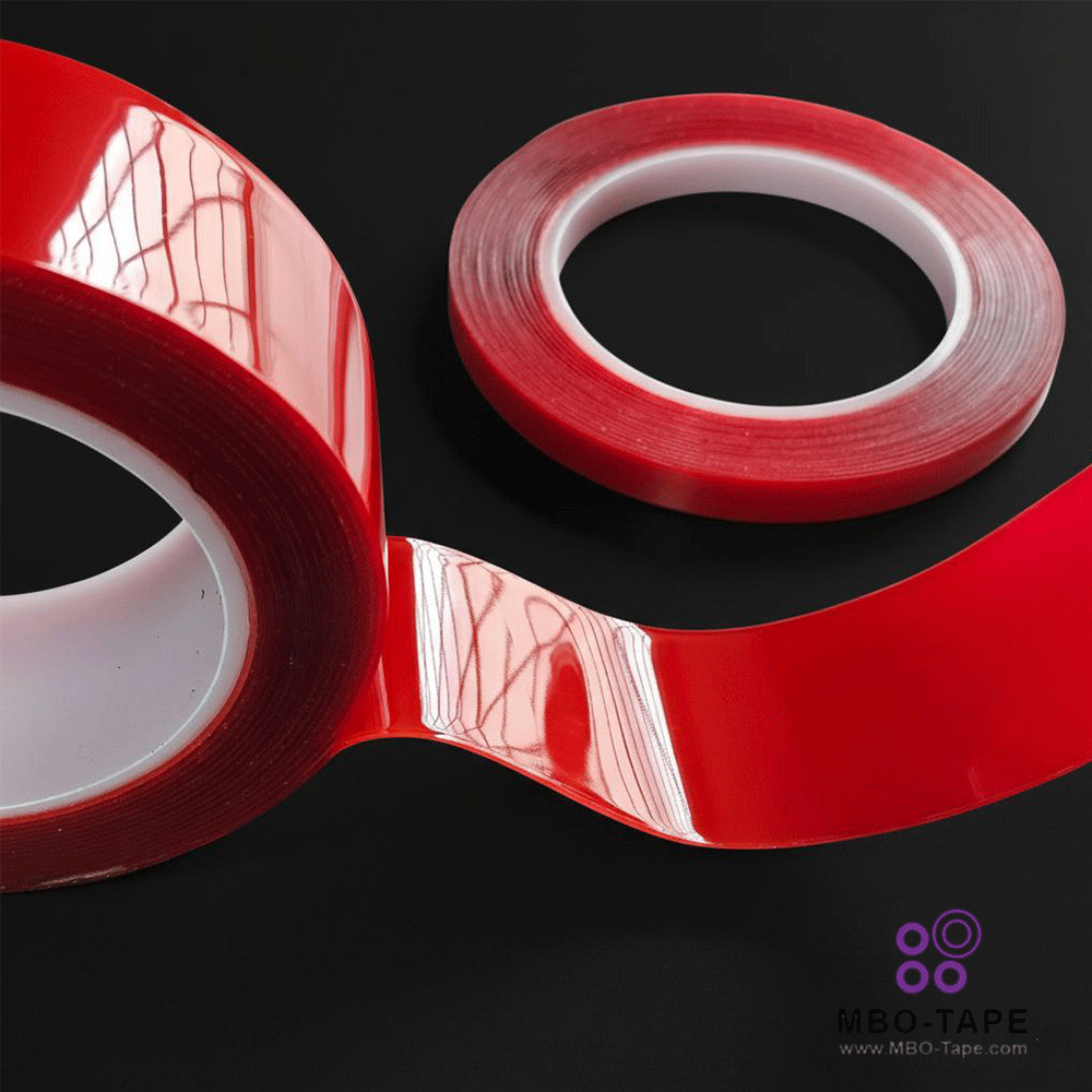 چسب دوطرفه ژلهای شفاف با روکش قرمز در حالت باز برای نمایش ضخامت و چسبندگی