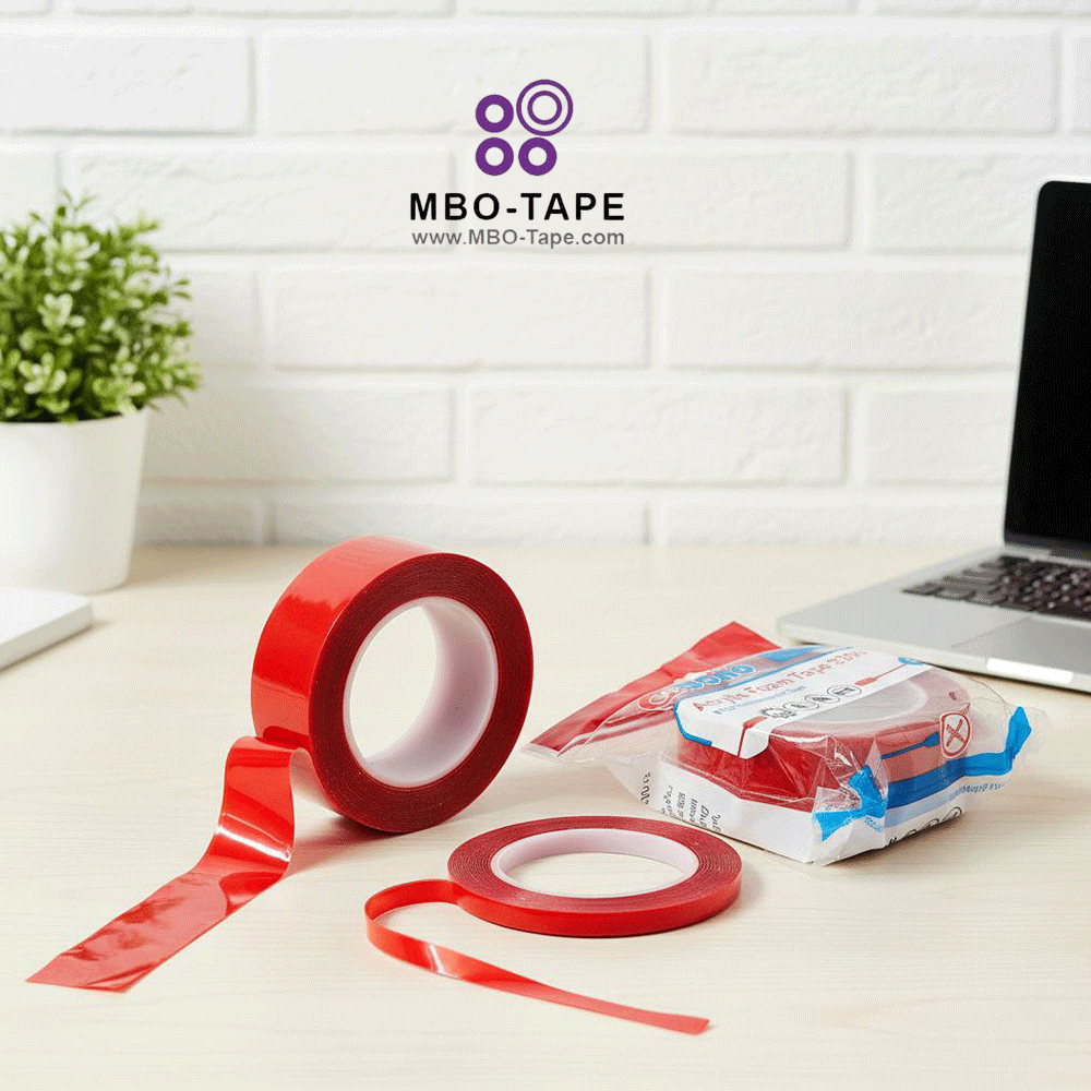 چسب دوطرفه ژلهای شفاف با روکش قرمز در بستهبندی روی میز تحریر برای نمایش کاربرد و ظاهر محصول