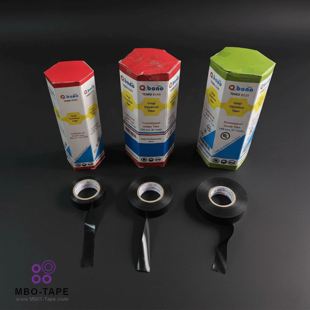 چسب برق خودخاموش Bonotape در سه سایز باز شده برای نمایش ضخامت و قدرت چسبندگی